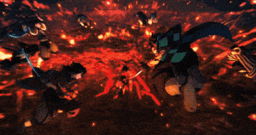 a cartoon of a man holding a sword in a fire scene