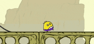 a cartoon character is standing on a bridge with a purple belt around his waist