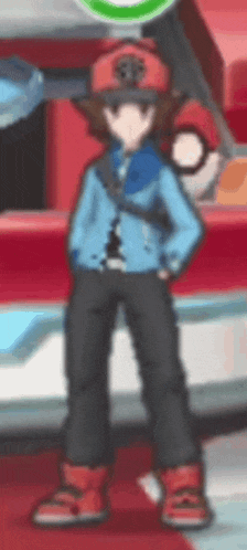 a cartoon character wearing a blue jacket and a red hat is standing in front of a red and white building .