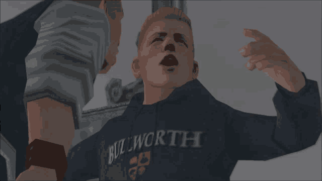 a boy wearing a blue bullworth sweatshirt is being punched