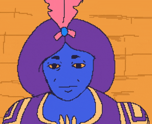 a pixel art drawing of a woman with a blue face and a pink feather in her hair