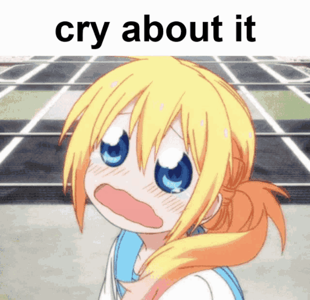 a girl with a surprised look on her face and the words cry about it above her