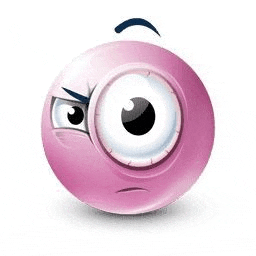 a pink smiley face with big eyes and a black eyebrow is angry .