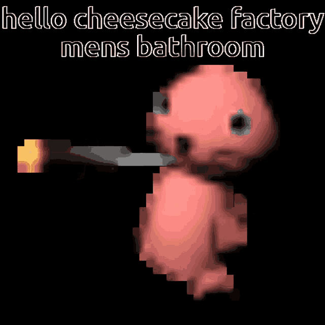a cartoon character with a knife in its mouth and the words hello cheesecake factory mens bathroom