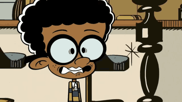 a close up of a cartoon character with big eyes and glasses