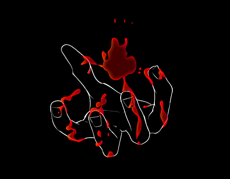 a drawing of a bloody hand with blood dripping from it
