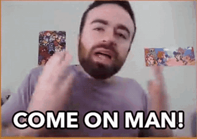 a man with a beard is giving the middle finger and says come on man .