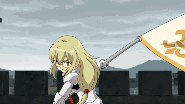 a girl in a knight 's outfit is holding a yellow flag with a chinese symbol on it