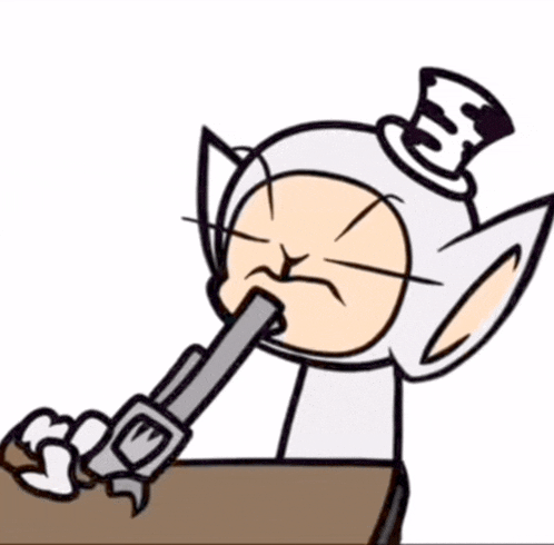 a cartoon character with a top hat and a gun in his mouth