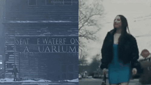 a woman in a blue dress is walking in front of a sign that says " seat f waterf on the aquarium "