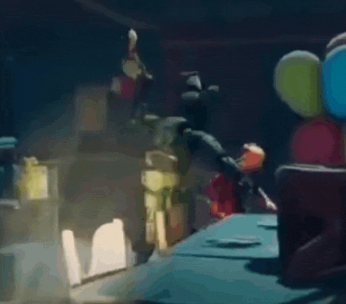 a rabbit is standing in a dark room next to balloons .