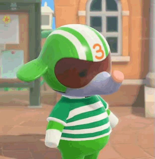 a cartoon character wearing a green helmet with the number three on it .