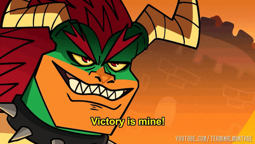 a cartoon character says victory is mine and has horns on his head