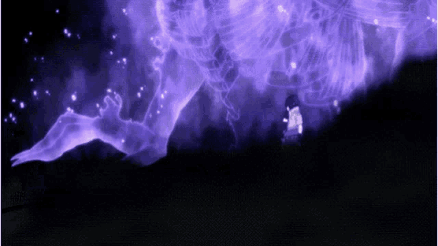 a person is standing in front of a purple glowing object