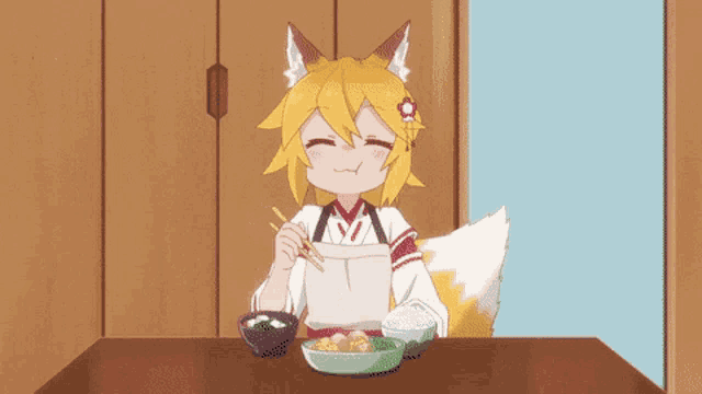 a fox girl is sitting at a table with chopsticks eating food .