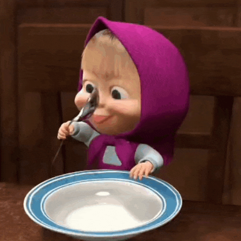 a cartoon character is eating from a bowl with a fork .