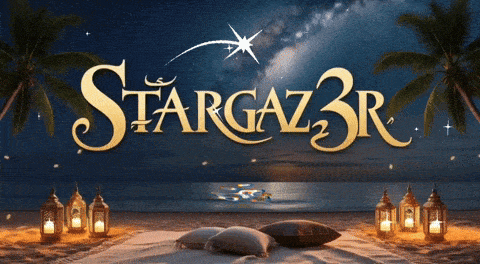 a poster for stargaz3r shows a beach scene with palm trees and lanterns