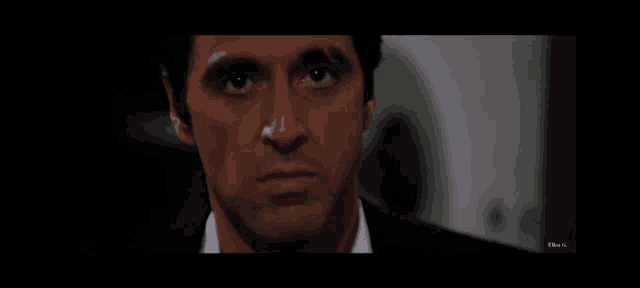 a close up of a man 's face with a film g. written below him