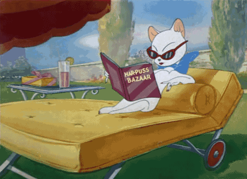 a cartoon cat is sitting on a lounge chair reading a book called harpuss bazaar