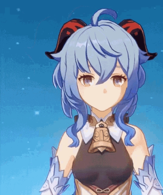 a girl with blue hair and horns is wearing a black top