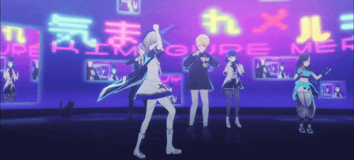 a group of anime girls are dancing in front of a neon sign that says " groupe mer "