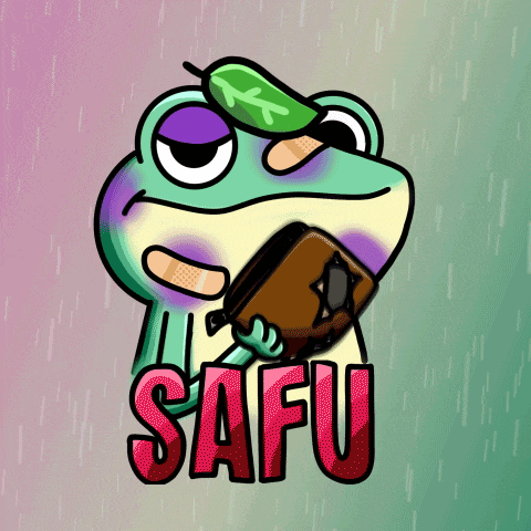 a frog with a leaf on its head is holding a wallet with the word safu in red