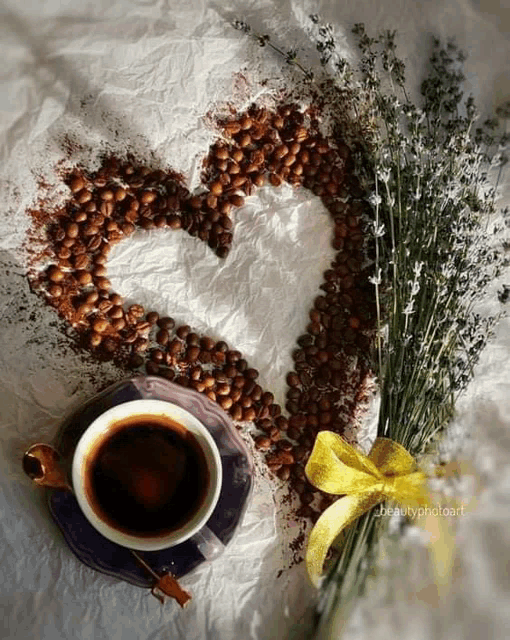 coffee beans arranged in the shape of a heart next to a cup of coffee