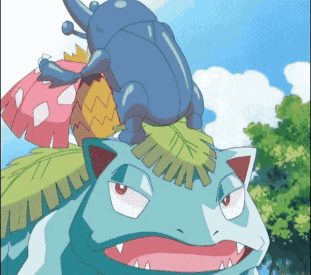 a cartoon illustration of a pokemon with a bug on its head