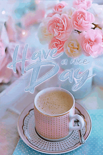a cup of coffee sits on a saucer next to a vase of pink roses and the words have a nice day