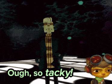 a cartoon character says ough so tacky in a dark room