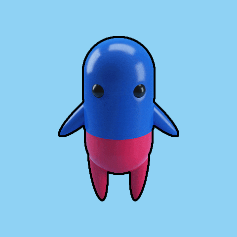 a blue and red cartoon character with black eyes and red legs