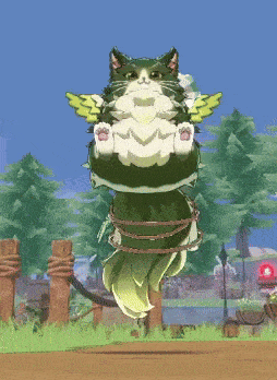a green and white cat with wings is tied to a fence in a video game