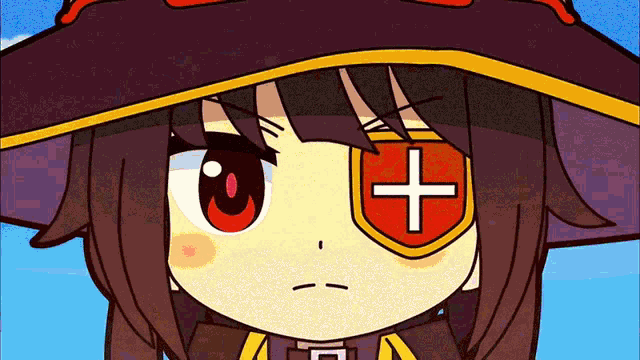 a cartoon of a girl with a red cross on her eye