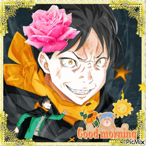 a picture of a man with a rose on his head and the words good morning