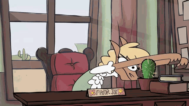 a cartoon character with a sign that says minor joys on it