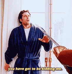 a man in a robe is standing in front of a window holding a sword and says you have got to be kidding me