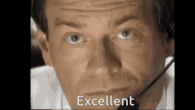 a close up of a man 's face with the word excellent written below him