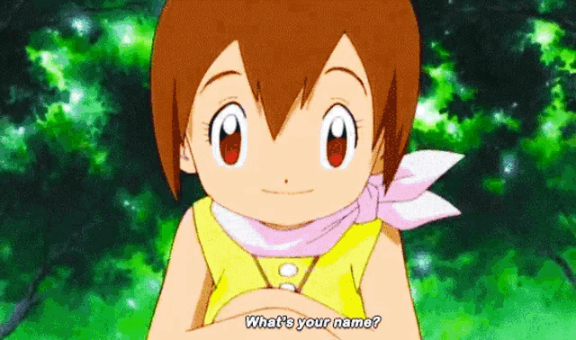 a cartoon girl is asking what 's your name while wearing a yellow shirt and scarf .