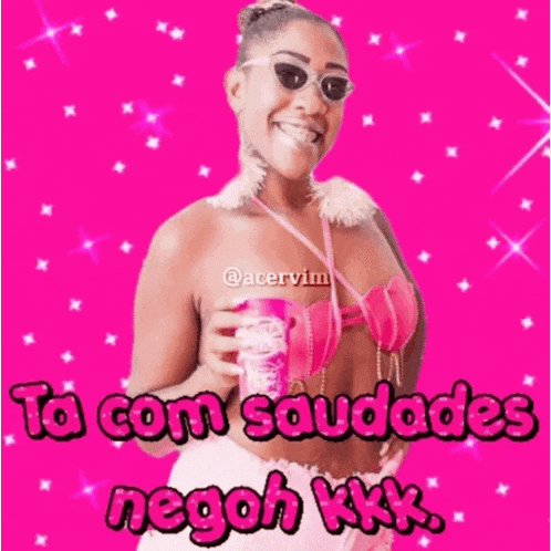 a woman in a pink bikini is holding a drink and says ta com saudades negoh kkk .