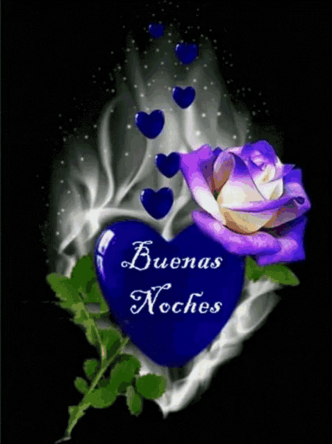 a purple rose is surrounded by blue hearts and the words " buenas noches "