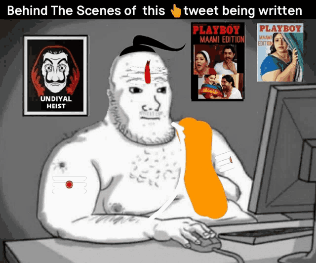 behind the scenes of this tweet being written is a cartoon of a man sitting in front of a computer
