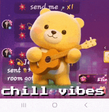 a yellow teddy bear is holding a guitar with the words send me xl chill vibes below it