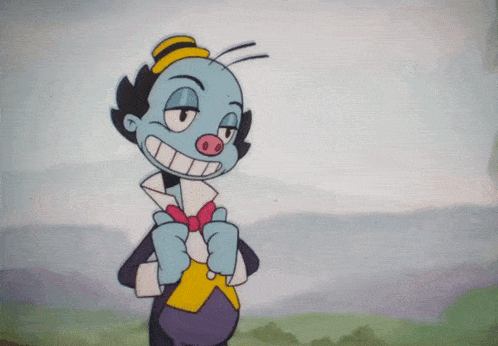 a blue cartoon character with a yellow hat and a red bow tie