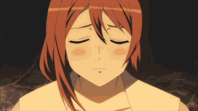 a close up of a red haired anime girl with her eyes closed and a gif to the right