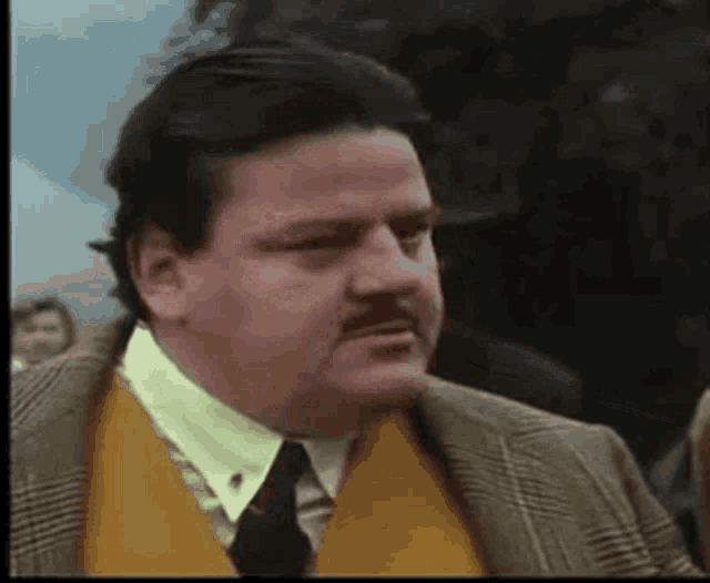 a man with a mustache is wearing a suit and tie and looking at the camera .
