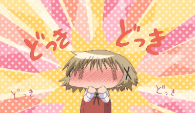 a girl covering her face with her hands in front of a burst of pink and yellow dots