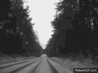 a black and white photo of a snowy road with trees in the background