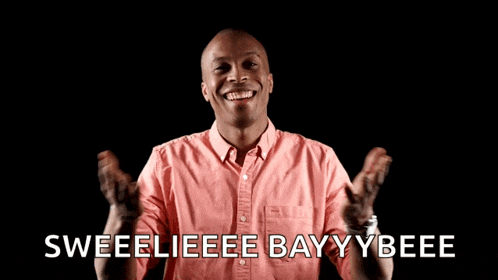 a man in a pink shirt says sweetieee bayyybeee with his arms outstretched