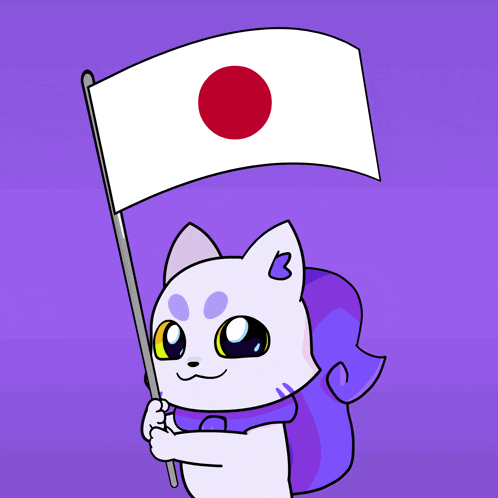 a cartoon cat holding a white flag with a red circle on it