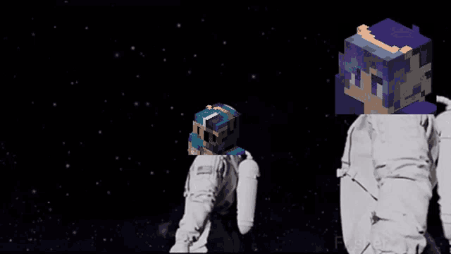 a man in a space suit is pointing a gun at a pixelated character